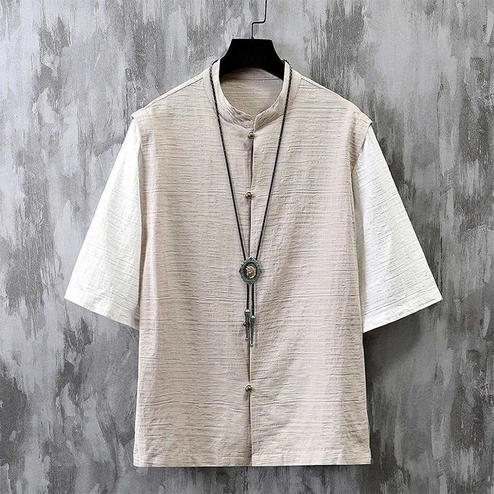 Buddha Stones Summer Patchwork Color Design Men's Half Sleeve Cotton Linen Shirt - Linen - US/UK/AU48，EU58 (6XL) - image 0