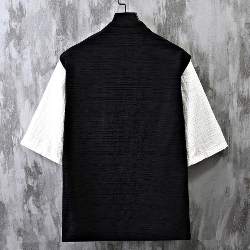 Buddha Stones Summer Patchwork Color Design Men's Half Sleeve Cotton Linen Shirt - image 4