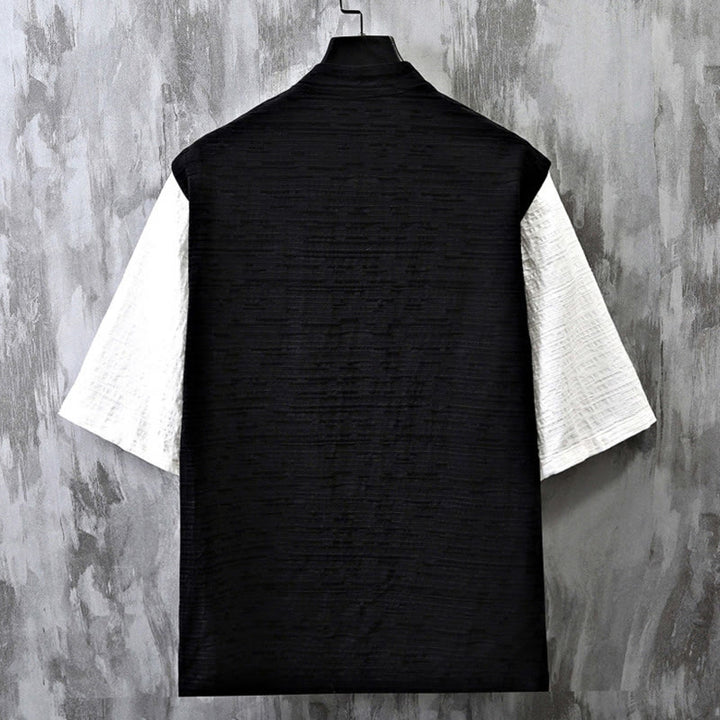 Buddha Stones Summer Patchwork Color Design Men's Half Sleeve Cotton Linen Shirt - image 4