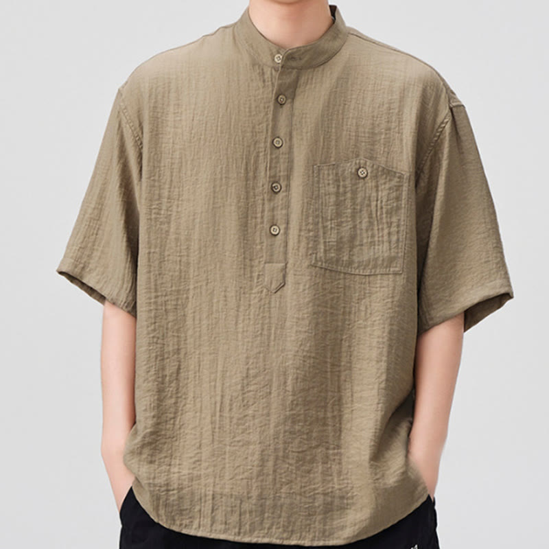 Buddha Stones Summer Plain Half Buttons Design Men's Half Sleeve Shirt - Tan - US/UK/AU44，EU54 (4XL) - image 8