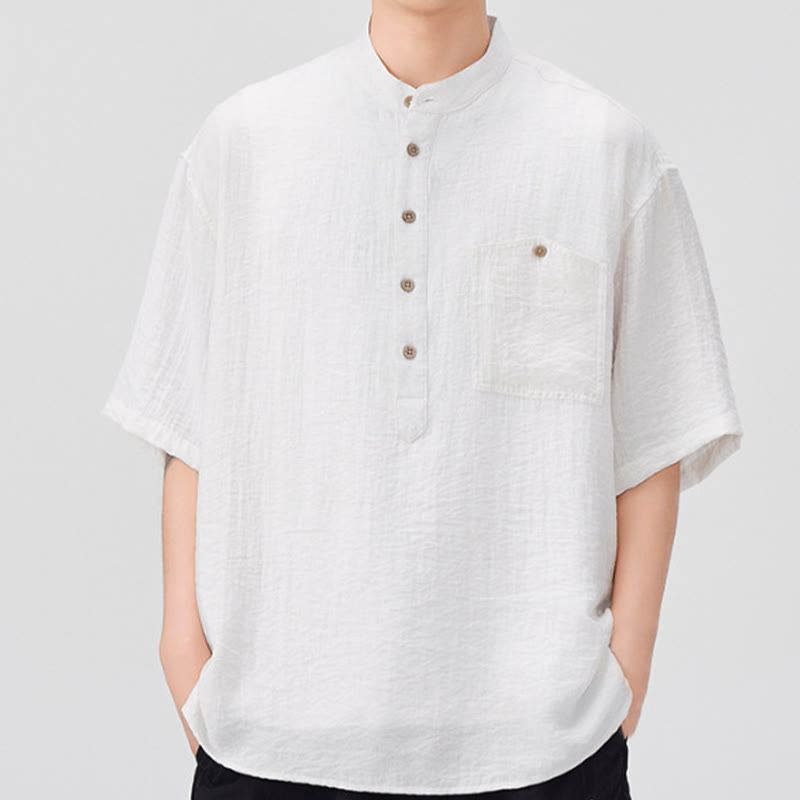 Buddha Stones Summer Plain Half Buttons Design Men's Half Sleeve Shirt - White - US/UK/AU44，EU54 (4XL) - image 2