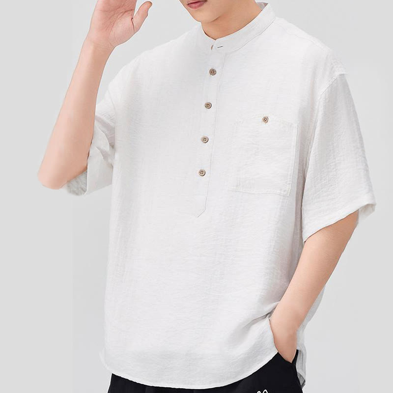 Buddha Stones Summer Plain Half Buttons Design Men's Half Sleeve Shirt - image 3