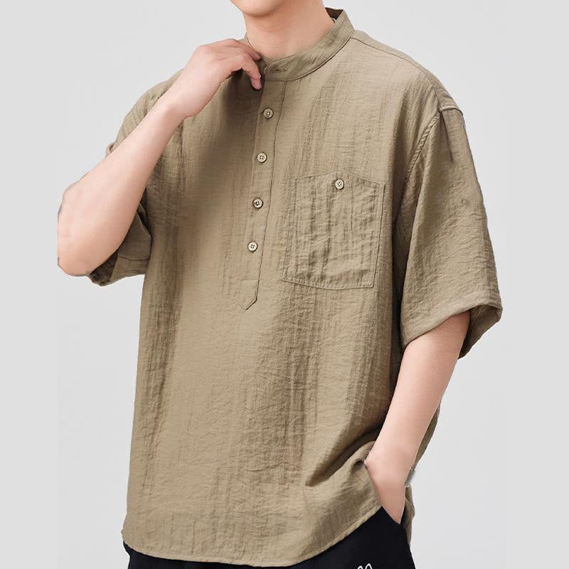 Buddha Stones Summer Plain Half Buttons Design Men's Half Sleeve Shirt - image 9