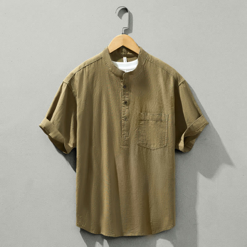 Buddha Stones Summer Solid Men's Half Button Short Sleeve Cotton Shirt - DarkKhaki - US/UK/AU42，EU52 (3XL) - image 28