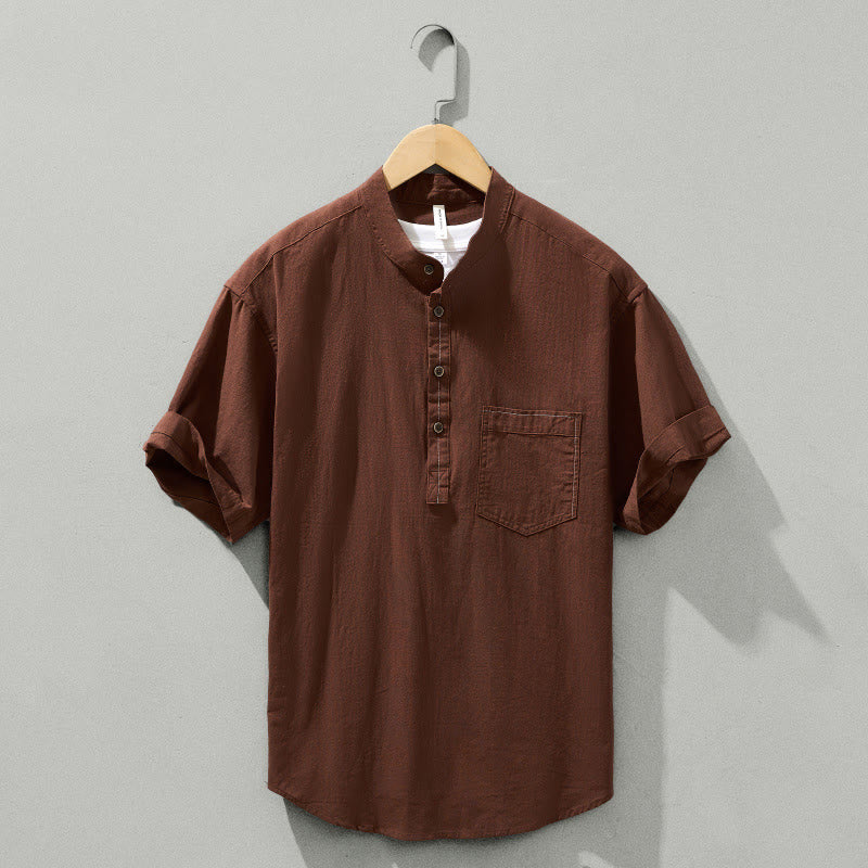 Buddha Stones Summer Solid Men's Half Button Short Sleeve Cotton Shirt - Sienna - US/UK/AU42，EU52 (3XL) - image 22