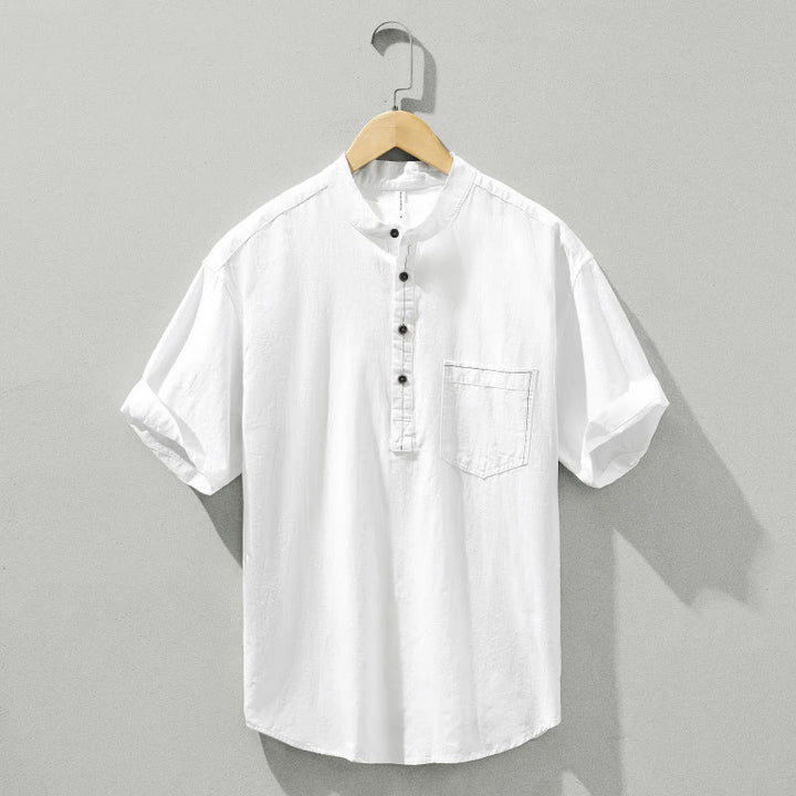 Buddha Stones Summer Solid Men's Half Button Short Sleeve Cotton Shirt - White - US/UK/AU42，EU52 (3XL) - image 16