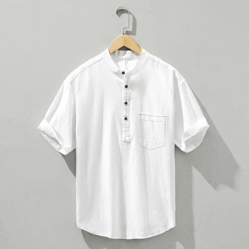 Buddha Stones Summer Solid Men's Half Button Short Sleeve Cotton Shirt - White - US/UK/AU42，EU52 (3XL) - image 15