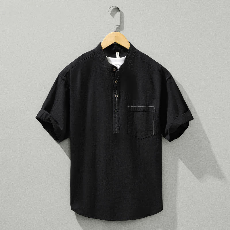 Buddha Stones Summer Solid Men's Half Button Short Sleeve Cotton Shirt - Black - US/UK/AU42，EU52 (3XL) - image 10
