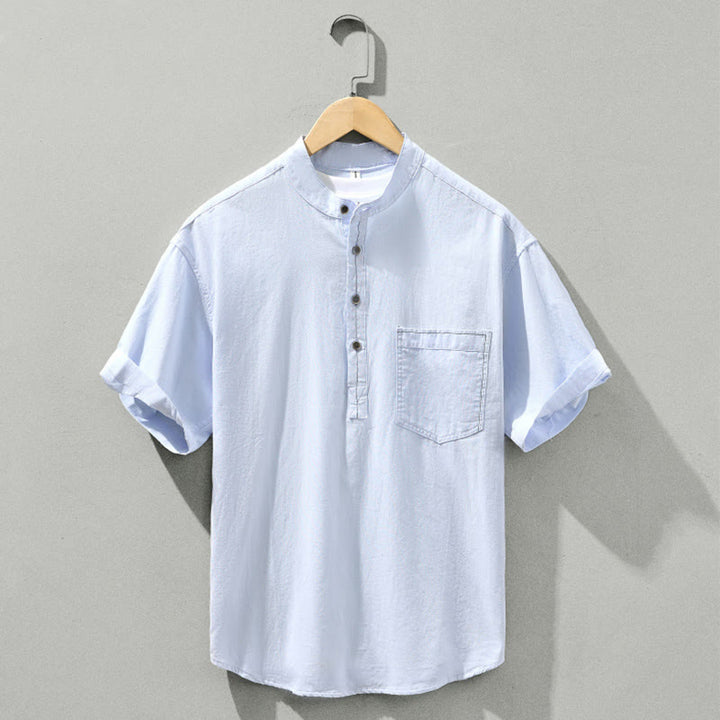 Buddha Stones Summer Solid Men's Half Button Short Sleeve Cotton Shirt - Azure - US/UK/AU42，EU52 (3XL) - image 1
