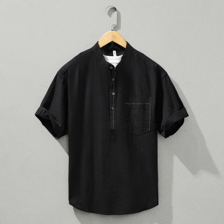 Buddha Stones Summer Solid Men's Half Button Short Sleeve Cotton Shirt - Black - US/UK/AU42，EU52 (3XL) - image 11