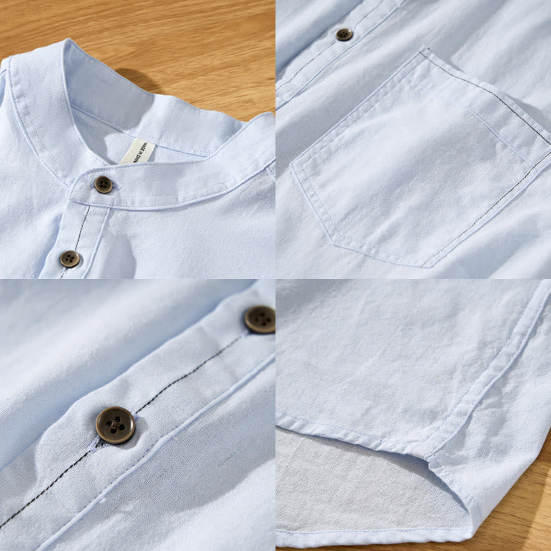 Buddha Stones Summer Solid Men's Half Button Short Sleeve Cotton Shirt - image 3