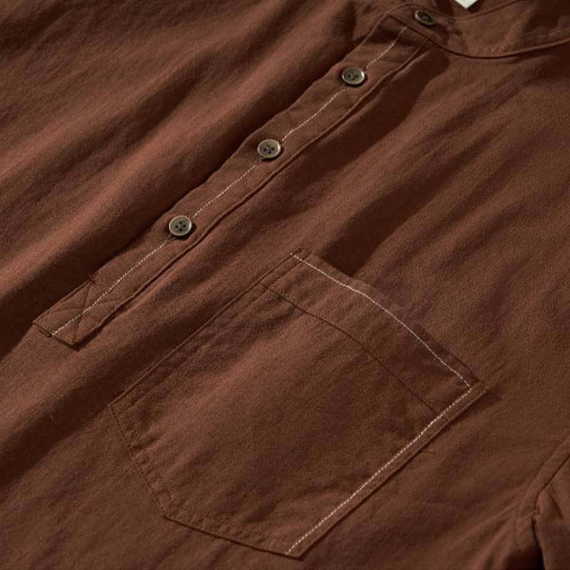 Buddha Stones Summer Solid Men's Half Button Short Sleeve Cotton Shirt - image 24