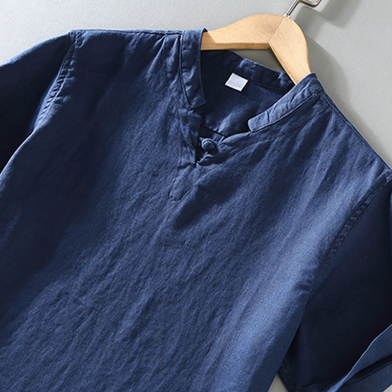 Buddha Stones Summer Solid Design Men's Short Sleeve Linen Shirt - image 2