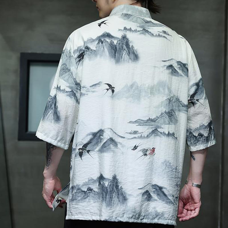Buddha Stones Ink Painting Mountains Chinese Frog-Button Tang Suit Men's Half Sleeve Cotton Linen Shirt - image 2