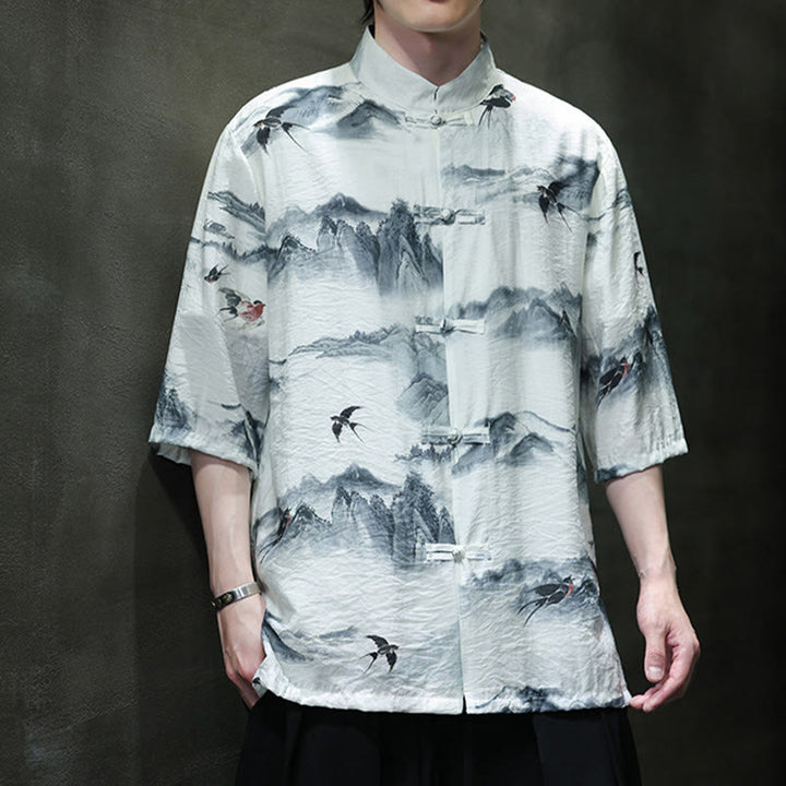Buddha Stones Ink Painting Mountains Chinese Frog-Button Tang Suit Men's Half Sleeve Cotton Linen Shirt - image 5