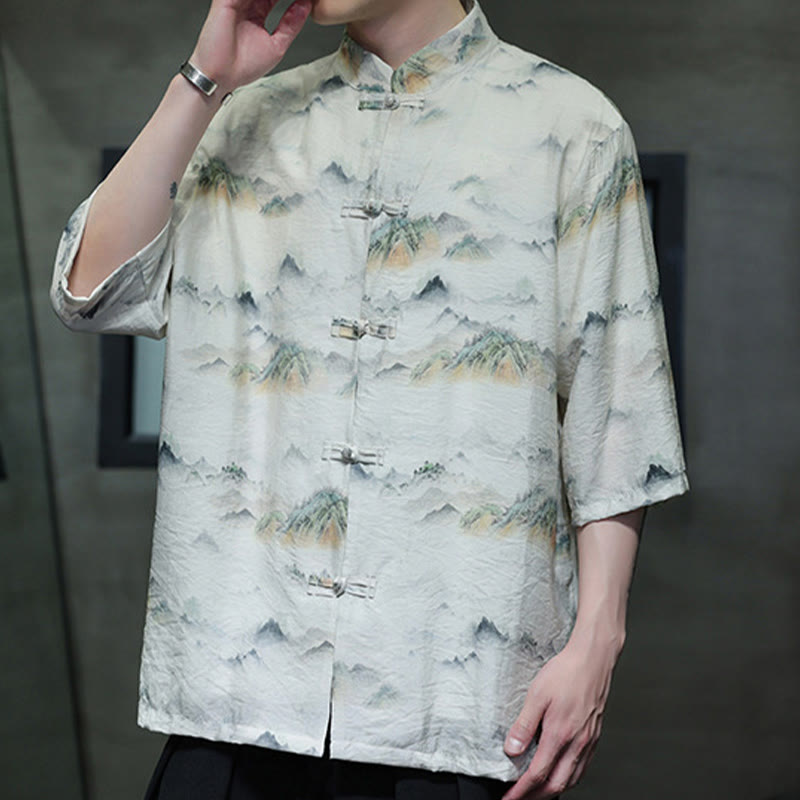 Buddha Stones Ink Painting Mountains Chinese Frog-Button Tang Suit Men's Half Sleeve Cotton Linen Shirt - image 18