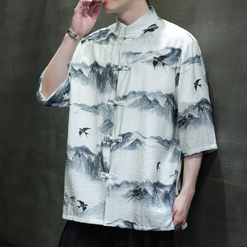 Buddha Stones Ink Painting Mountains Chinese Frog-Button Tang Suit Men's Half Sleeve Cotton Linen Shirt - image 6