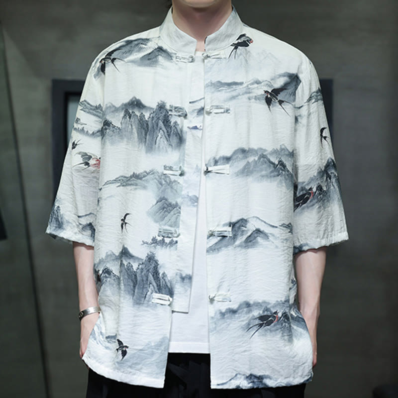 Buddha Stones Ink Painting Mountains Chinese Frog-Button Tang Suit Men's Half Sleeve Cotton Linen Shirt - image 9