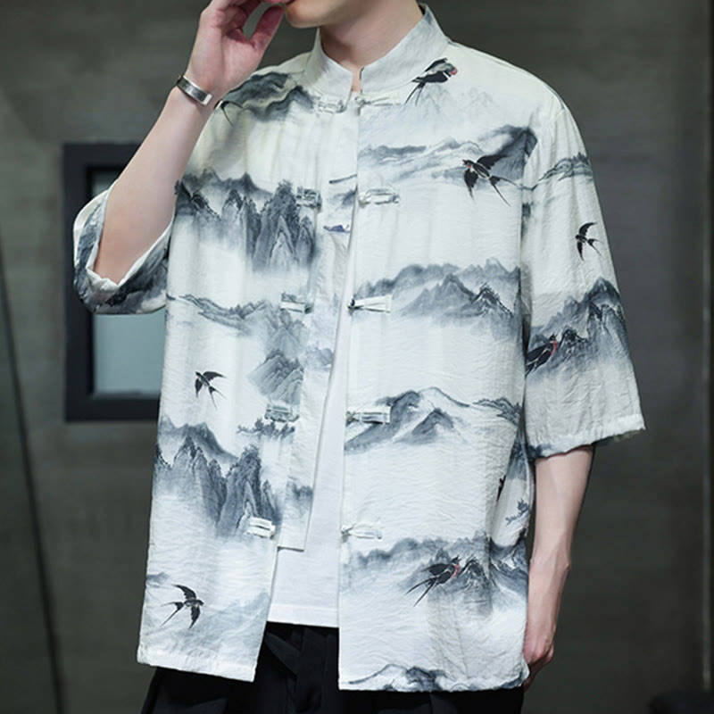 Buddha Stones Ink Painting Mountains Chinese Frog-Button Tang Suit Men's Half Sleeve Cotton Linen Shirt - image 3