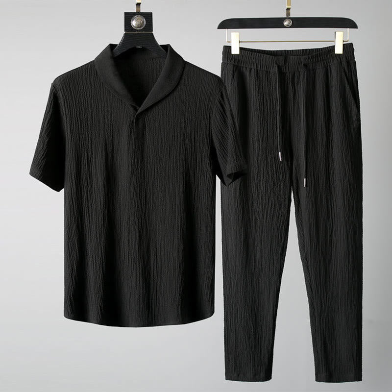 Buddha Stones 2Pcs Solid Color Wrinkle V-Neck Short Sleeve T-shirt Pants Clothing Men's Set - Black - US/UK/AU46，EU56 (5XL) - image 0