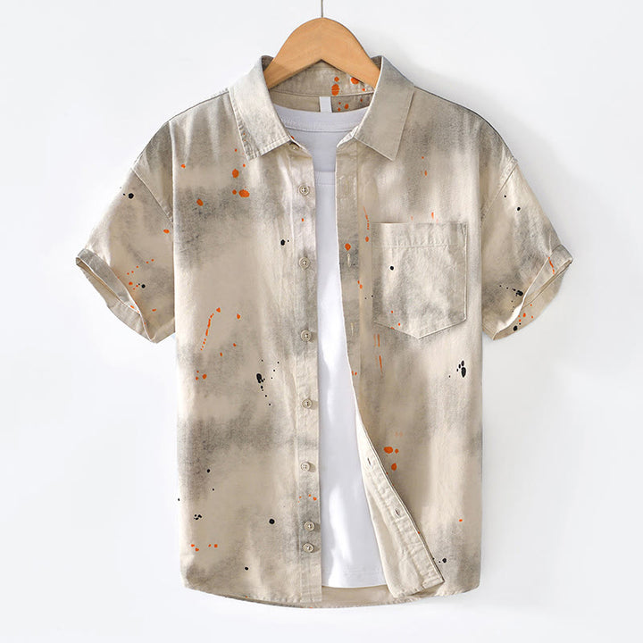 Buddha Stones Summer Ink Splashing Color Men's Button Short Sleeve Cotton Shirt - Linen - US/UK/AU40，EU50 (2XL) - image 1