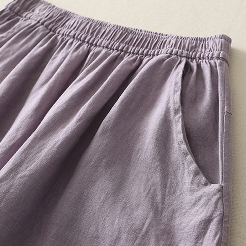 Buddha Stones Summer Daily Solid Color Elastic Waistband Design Women's Wide Leg Cotton Linen Pants With Pockets - image 5