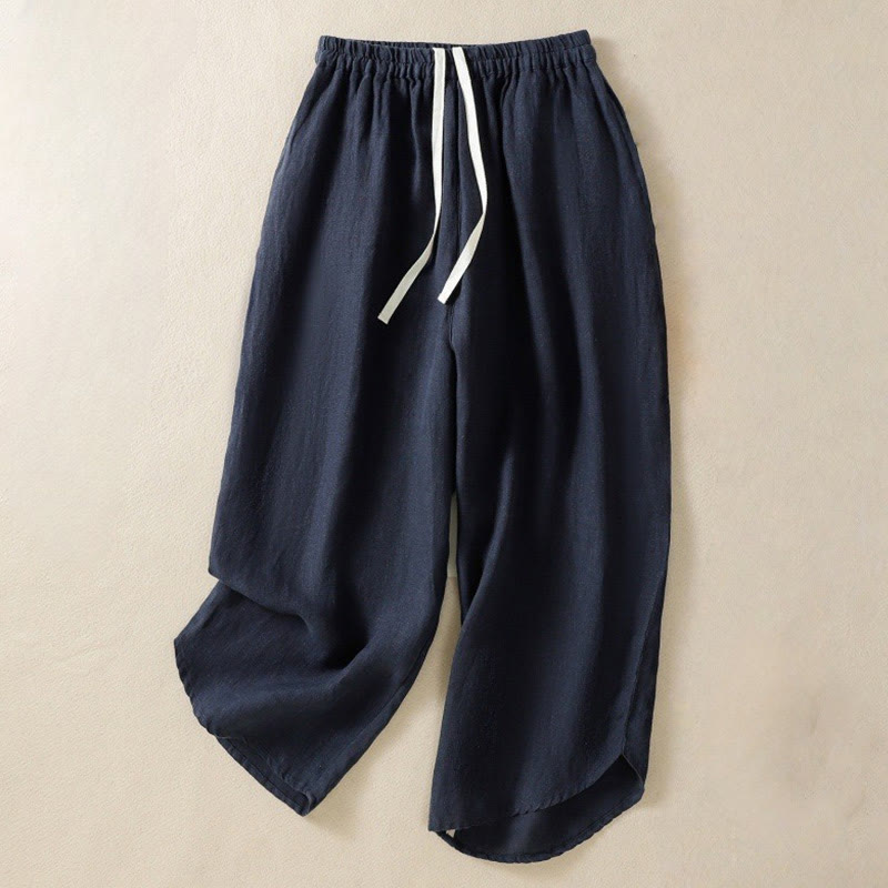 Buddha Stones Casual Plain Drawstring Design Women's Cotton 7-8 Length Pants With Pockets - MidnightBlue - US8-10，UK/AU12-14，EU40-42 (2XL) - image 0