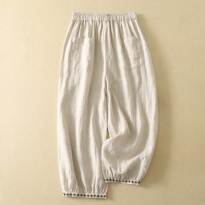 Buddha Stones Casual Retro Drawstring Embroidery Design Women's Cotton Linen 7-8 Length Pants With Pockets - image 1