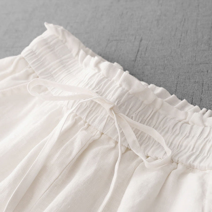 Buddha Stones Casual High Waist Ruffled Drawstring Design Women's Wide Leg Cotton Pants With Pockets - image 13