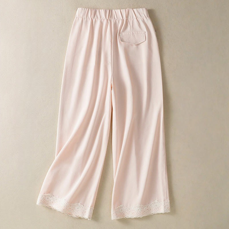 Buddha Stones Casual Lace Patchwork Design High Waist Women's Wide Leg Ankle-Length Pants With Pockets Zipper - image 9