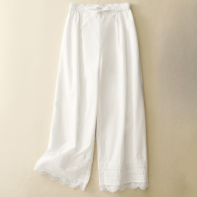 Buddha Stones Commute Plain Lace Patchwork Drawstring Design Women's Wide Leg Cotton Ankle-Length Pants With Pockets - White - US12，UK/AU16，EU44 (2XL) - image 9