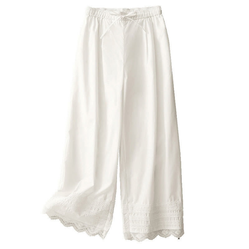 Buddha Stones Commute Plain Lace Patchwork Drawstring Design Women's Wide Leg Cotton Ankle-Length Pants With Pockets - image 14