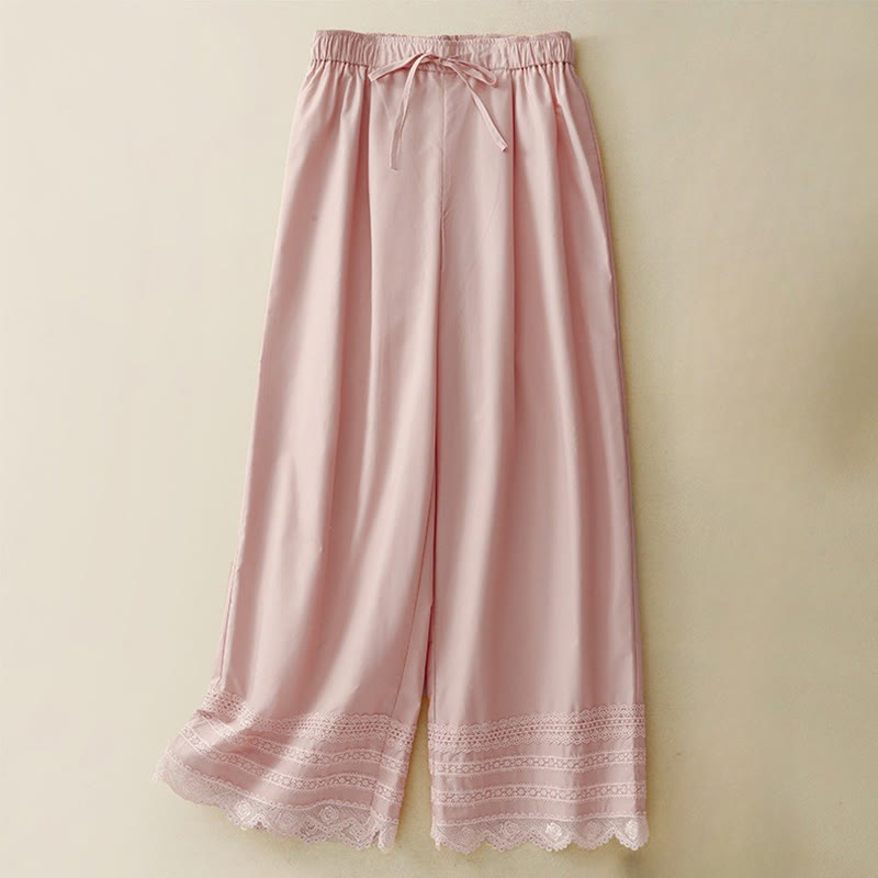 Buddha Stones Commute Plain Lace Patchwork Drawstring Design Women's Wide Leg Cotton Ankle-Length Pants With Pockets - LightPink - US12，UK/AU16，EU44 (2XL) - image 0