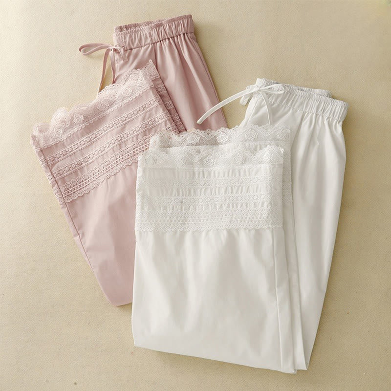 Buddha Stones Commute Plain Lace Patchwork Drawstring Design Women's Wide Leg Cotton Ankle-Length Pants With Pockets - image 16