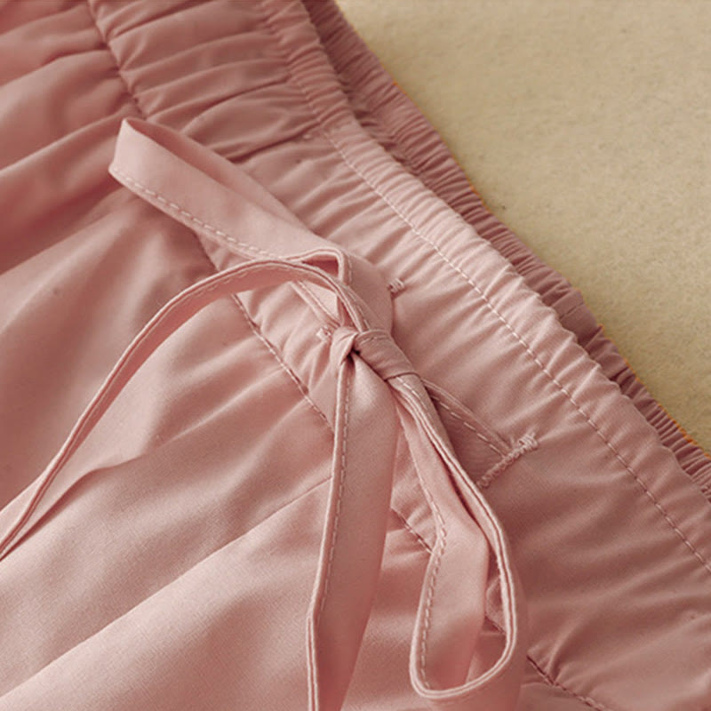 Buddha Stones Commute Plain Lace Patchwork Drawstring Design Women's Wide Leg Cotton Ankle-Length Pants With Pockets - image 3