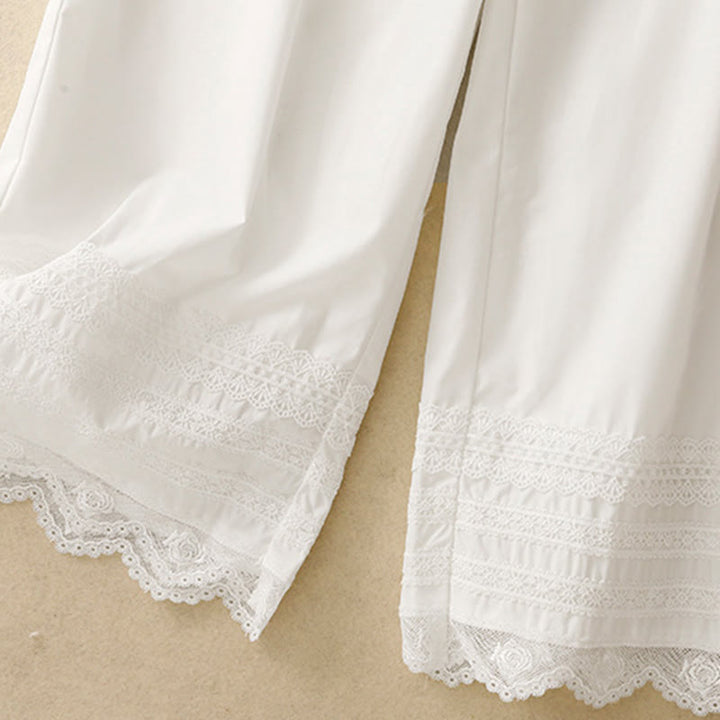 Buddha Stones Commute Plain Lace Patchwork Drawstring Design Women's Wide Leg Cotton Ankle-Length Pants With Pockets - image 12
