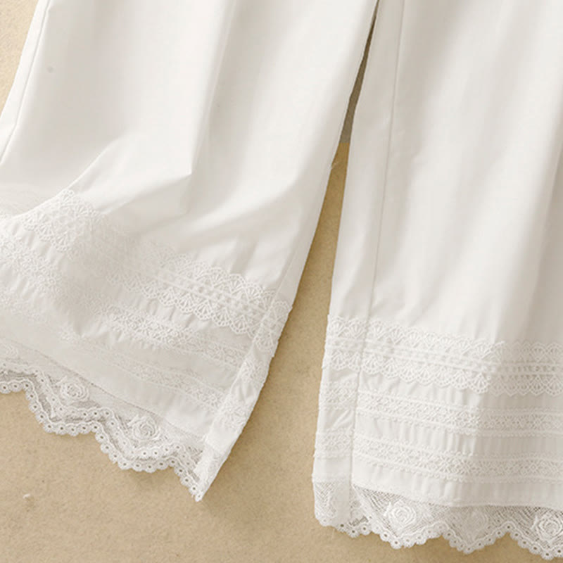 Buddha Stones Commute Plain Lace Patchwork Drawstring Design Women's Wide Leg Cotton Ankle-Length Pants With Pockets - image 11