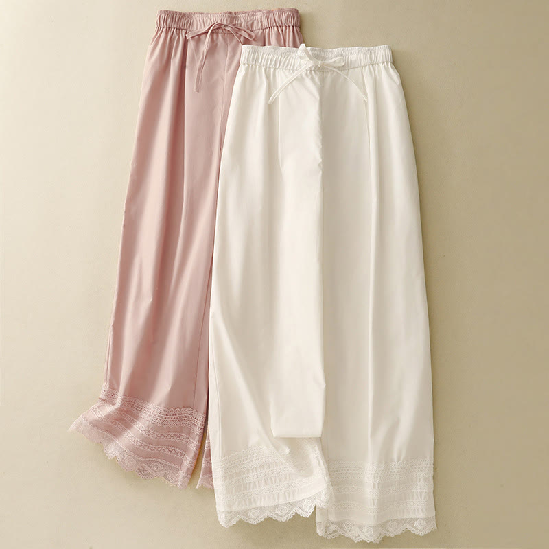 Buddha Stones Commute Plain Lace Patchwork Drawstring Design Women's Wide Leg Cotton Ankle-Length Pants With Pockets - image 15
