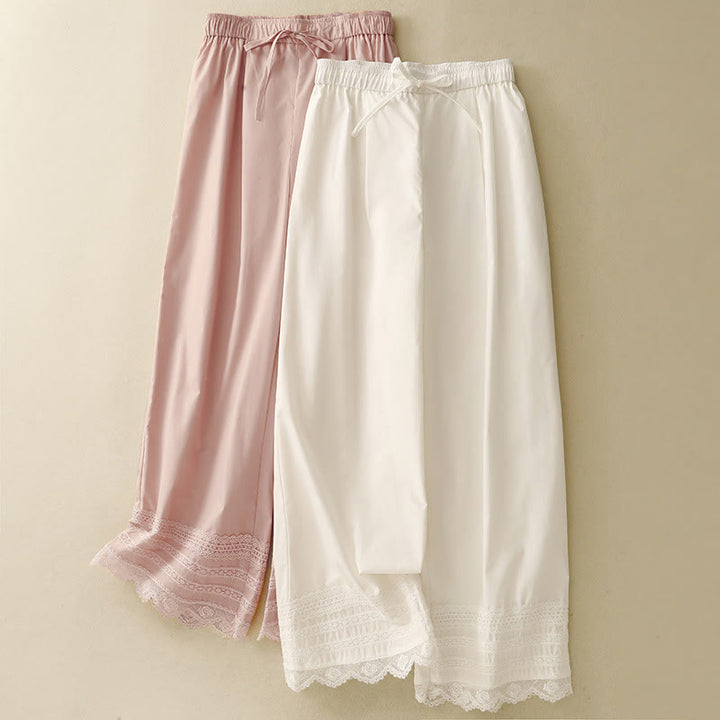 Buddha Stones Commute Plain Lace Patchwork Drawstring Design Women's Wide Leg Cotton Ankle-Length Pants With Pockets - image 15