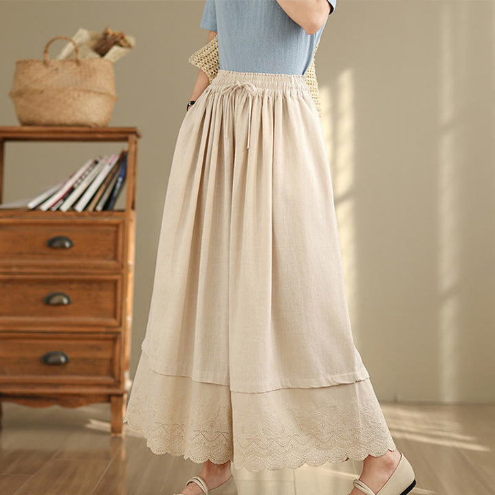 Buddha Stones Spring Embroidery Lace Hem Patchwork Drawstring Design Women's Wide Leg Cotton Pants With Pockets - image 1