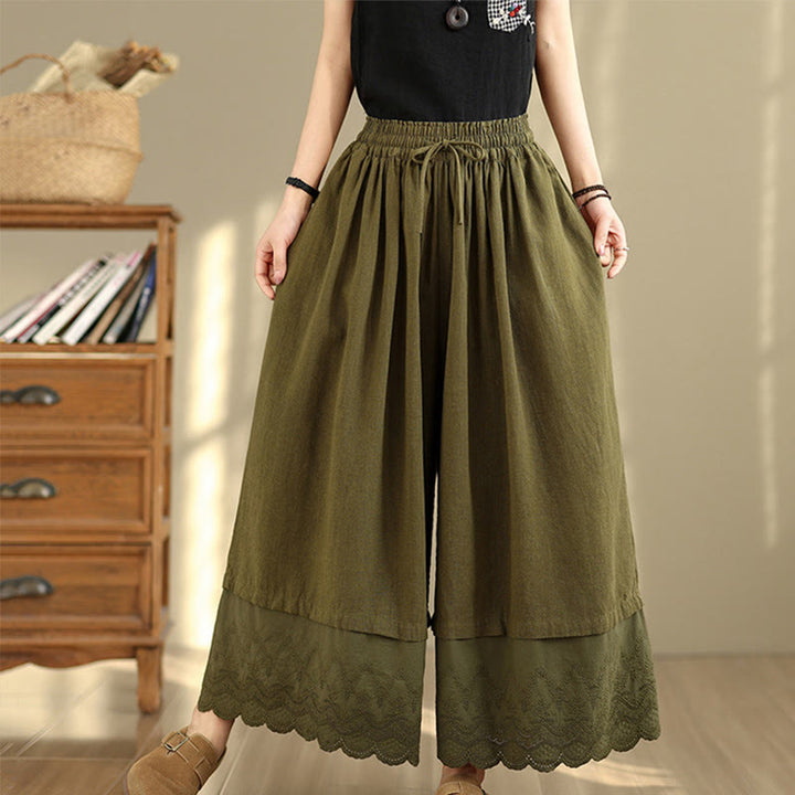 Buddha Stones Spring Embroidery Lace Hem Patchwork Drawstring Design Women's Wide Leg Cotton Pants With Pockets - DarkOliveGreen - US8-10，UK/AU12-14，EU40-42 (2XL) - image 18