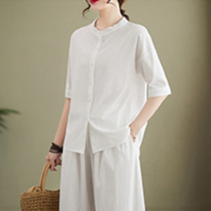 Buddha Stones 2Pcs Casual Solid Color Button Design Half Sleeve Shirt Wide Leg Pants With Pockets Cotton Zen Clothing Women's Set - image 4