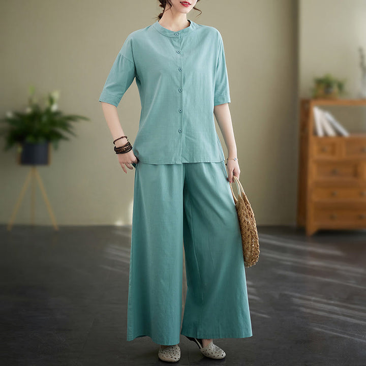 Buddha Stones 2Pcs Casual Solid Color Button Design Half Sleeve Shirt Wide Leg Pants With Pockets Cotton Zen Clothing Women's Set - MediumTurquoise - US8-10，UK/AU12-14，EU40-42 (2XL) - image 8