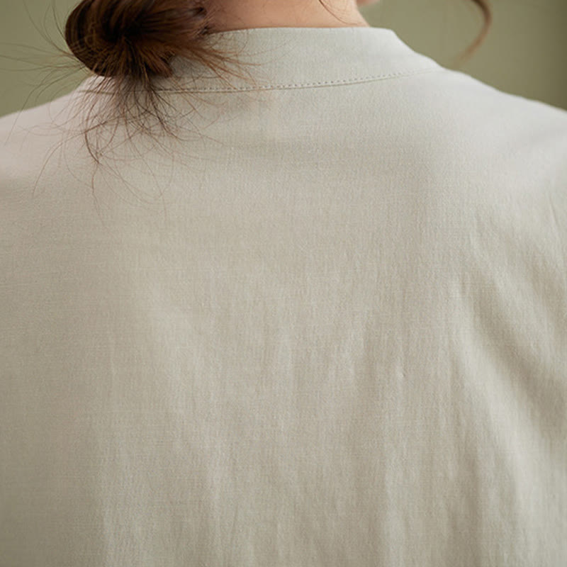 Buddha Stones 2Pcs Casual Solid Color Button Design Half Sleeve Shirt Wide Leg Pants With Pockets Cotton Zen Clothing Women's Set - image 22