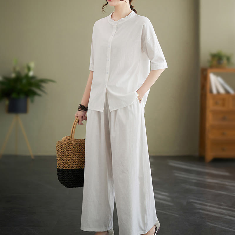 Buddha Stones 2Pcs Casual Solid Color Button Design Half Sleeve Shirt Wide Leg Pants With Pockets Cotton Zen Clothing Women's Set - image 1