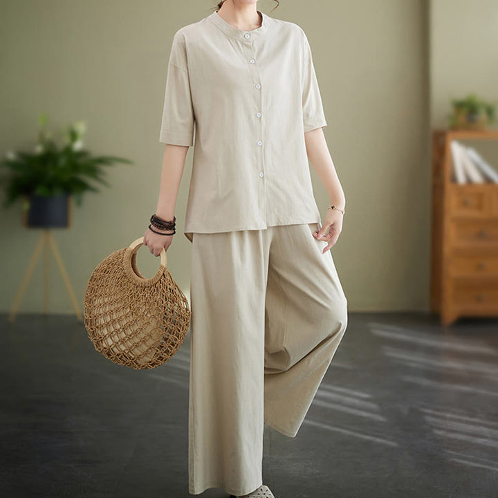 Buddha Stones 2Pcs Casual Solid Color Button Design Half Sleeve Shirt Wide Leg Pants With Pockets Cotton Zen Clothing Women's Set - image 19