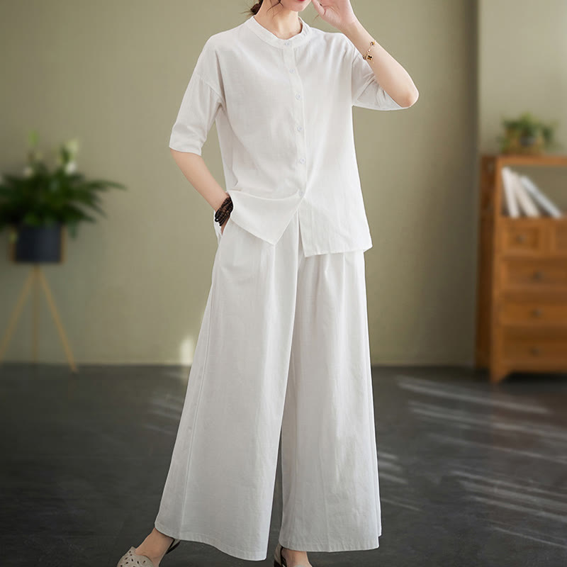 Buddha Stones 2Pcs Casual Solid Color Button Design Half Sleeve Shirt Wide Leg Pants With Pockets Cotton Zen Clothing Women's Set - image 2