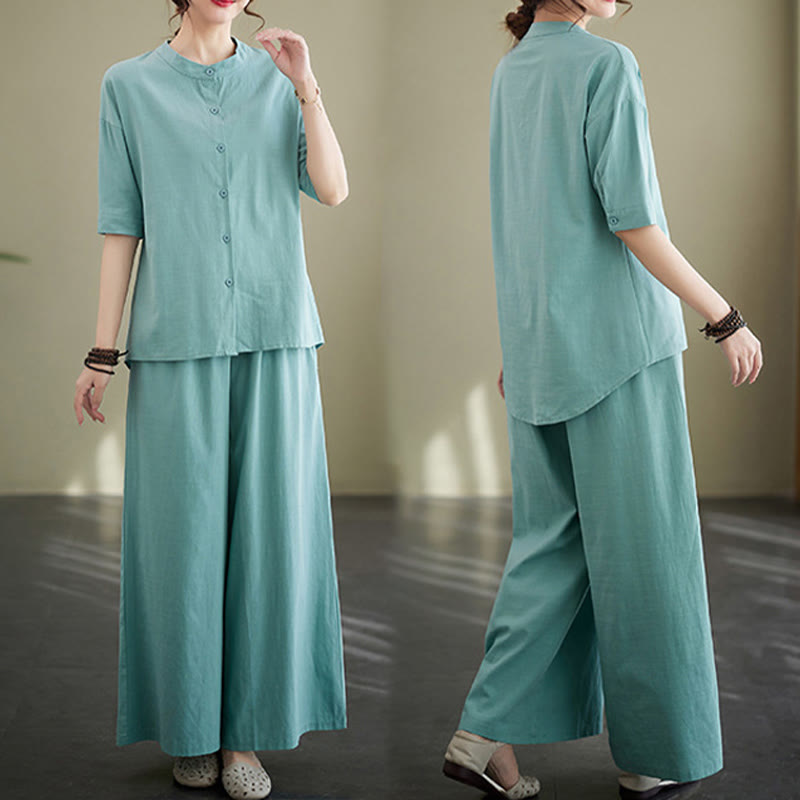 Buddha Stones 2Pcs Casual Solid Color Button Design Half Sleeve Shirt Wide Leg Pants With Pockets Cotton Zen Clothing Women's Set - image 13