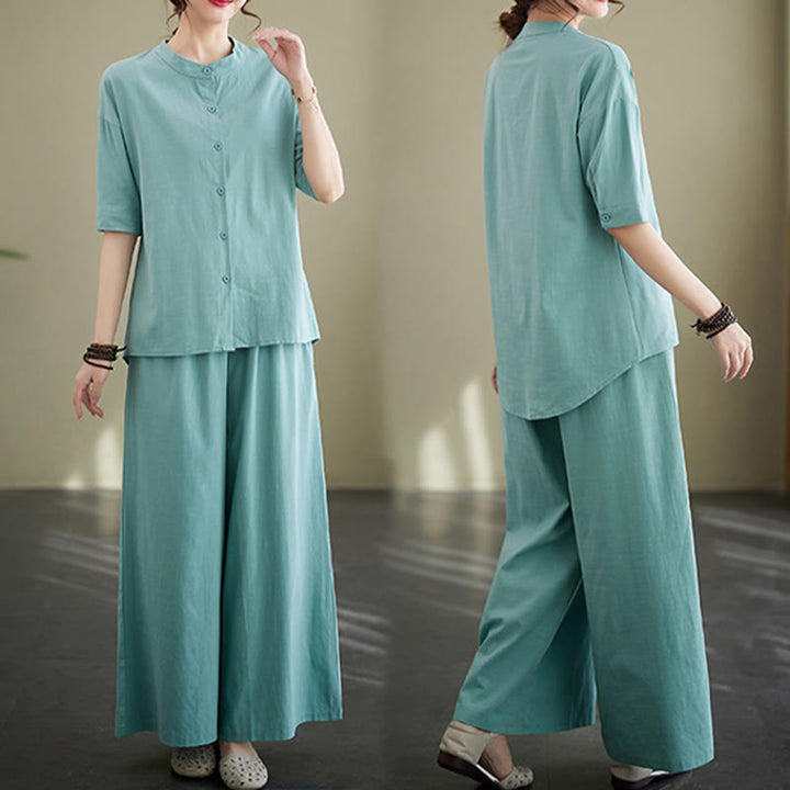Buddha Stones 2Pcs Casual Solid Color Button Design Half Sleeve Shirt Wide Leg Pants With Pockets Cotton Zen Clothing Women's Set - image 13