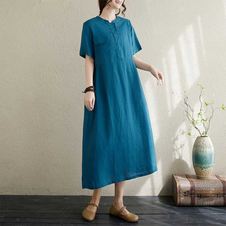 Buddha Stones Stand Collar Buttons Design Linen Short Sleeve Midi Dress With Pockets - DodgerBlue - US8-10，UK/AU12-14，EU40-42 (2XL) - image 15